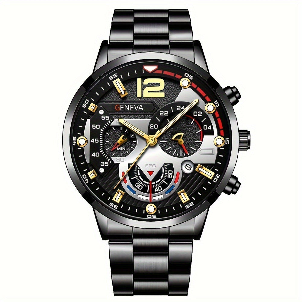 Conjunto de 2 pulseras de reloj de cuarzo con tres esferas de acero para hombre, estilo moderno y popular, ideal como regalo de San Valentín.
