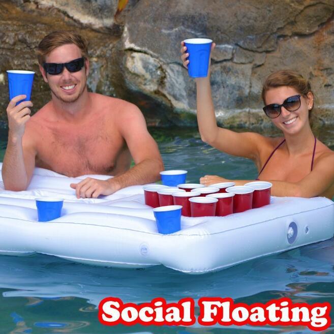 Colchoneta de aire para fiesta acuática, cubo de hielo, enfriador, portavasos, mesa de beer pong inflable, flotador de piscina