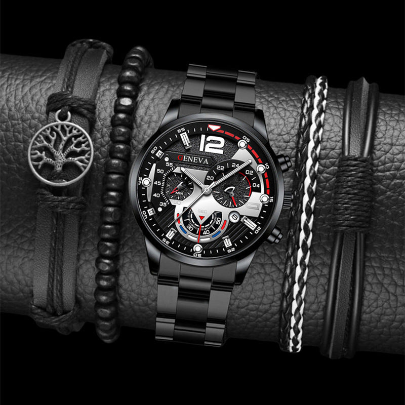 Conjunto de 2 pulseras de reloj de cuarzo con tres esferas de acero para hombre, estilo moderno y popular, ideal como regalo de San Valentín.