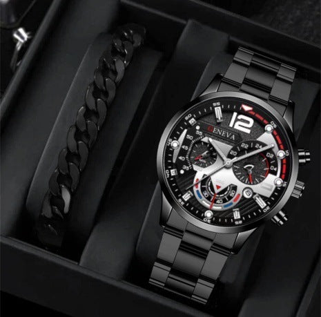 Conjunto de 2 pulseras de reloj de cuarzo con tres esferas de acero para hombre, estilo moderno y popular, ideal como regalo de San Valentín.