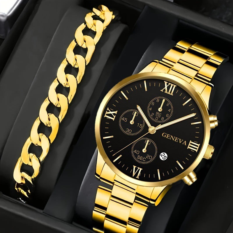 Conjunto de 2 pulseras de reloj de cuarzo con tres esferas de acero para hombre, estilo moderno y popular, ideal como regalo de San Valentín.