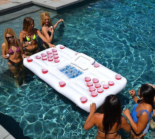 Colchoneta de aire para fiesta acuática, cubo de hielo, enfriador, portavasos, mesa de beer pong inflable, flotador de piscina