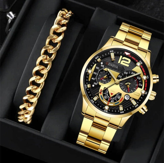 Conjunto de 2 pulseras de reloj de cuarzo con tres esferas de acero para hombre, estilo moderno y popular, ideal como regalo de San Valentín.