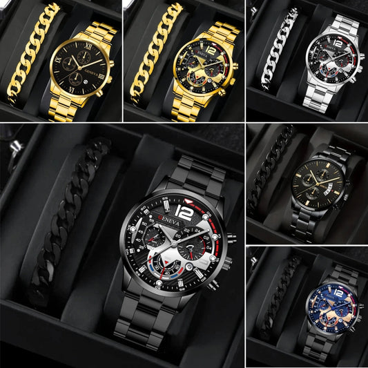 Conjunto de 2 pulseras de reloj de cuarzo con tres esferas de acero para hombre, estilo moderno y popular, ideal como regalo de San Valentín.
