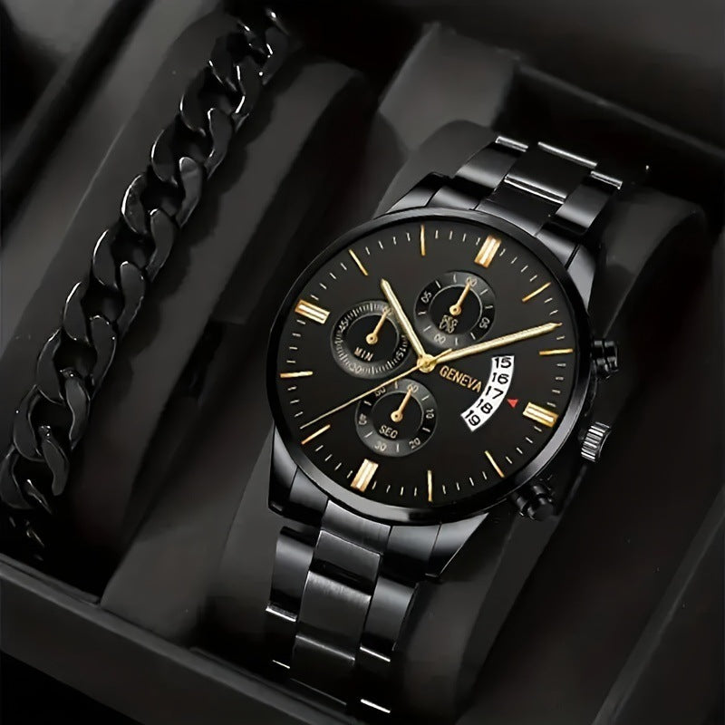 Conjunto de 2 pulseras de reloj de cuarzo con tres esferas de acero para hombre, estilo moderno y popular, ideal como regalo de San Valentín.