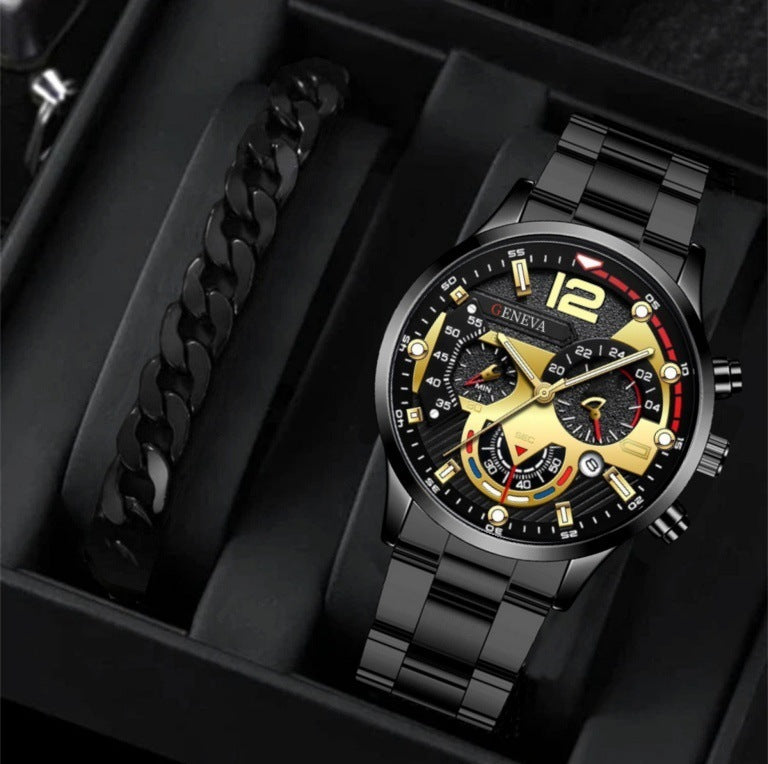 Conjunto de 2 pulseras de reloj de cuarzo con tres esferas de acero para hombre, estilo moderno y popular, ideal como regalo de San Valentín.