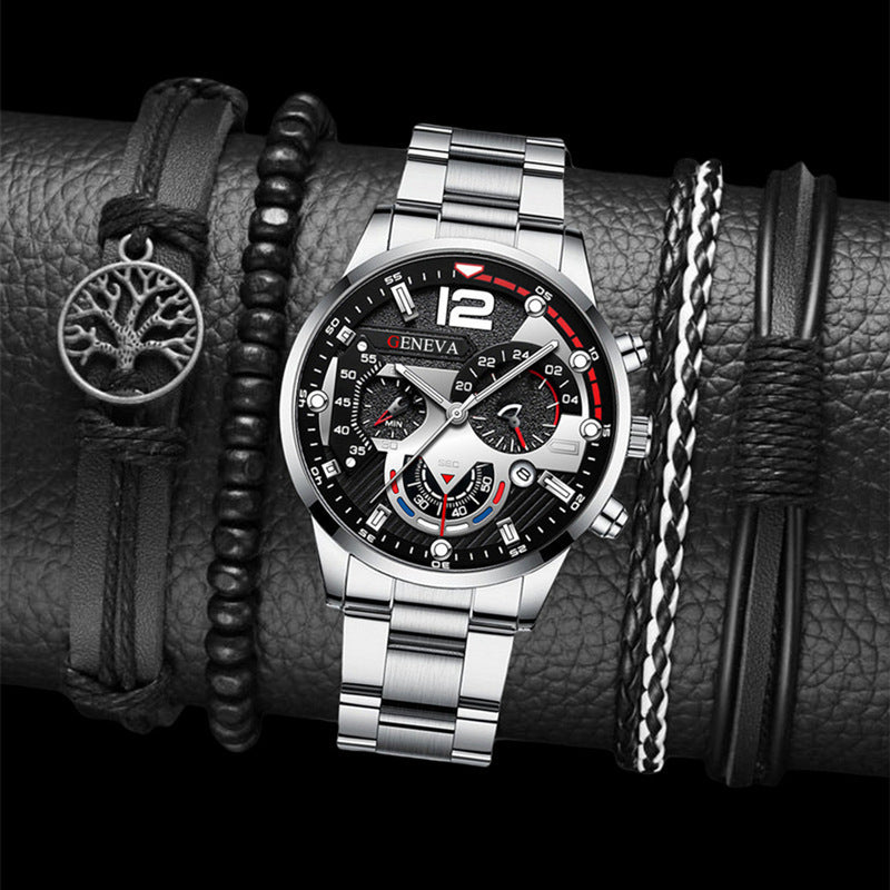 Conjunto de 2 pulseras de reloj de cuarzo con tres esferas de acero para hombre, estilo moderno y popular, ideal como regalo de San Valentín.