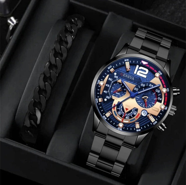 Conjunto de 2 pulseras de reloj de cuarzo con tres esferas de acero para hombre, estilo moderno y popular, ideal como regalo de San Valentín.