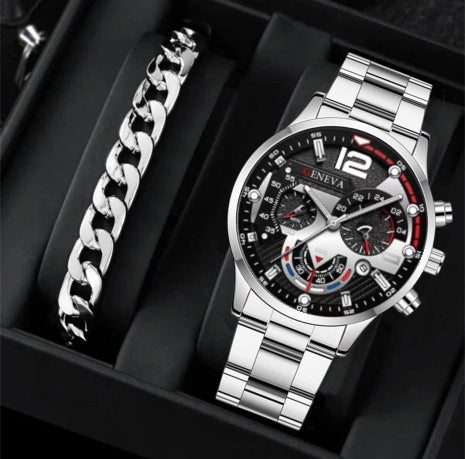 Conjunto de 2 pulseras de reloj de cuarzo con tres esferas de acero para hombre, estilo moderno y popular, ideal como regalo de San Valentín.