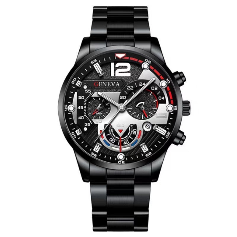 Conjunto de 2 pulseras de reloj de cuarzo con tres esferas de acero para hombre, estilo moderno y popular, ideal como regalo de San Valentín.