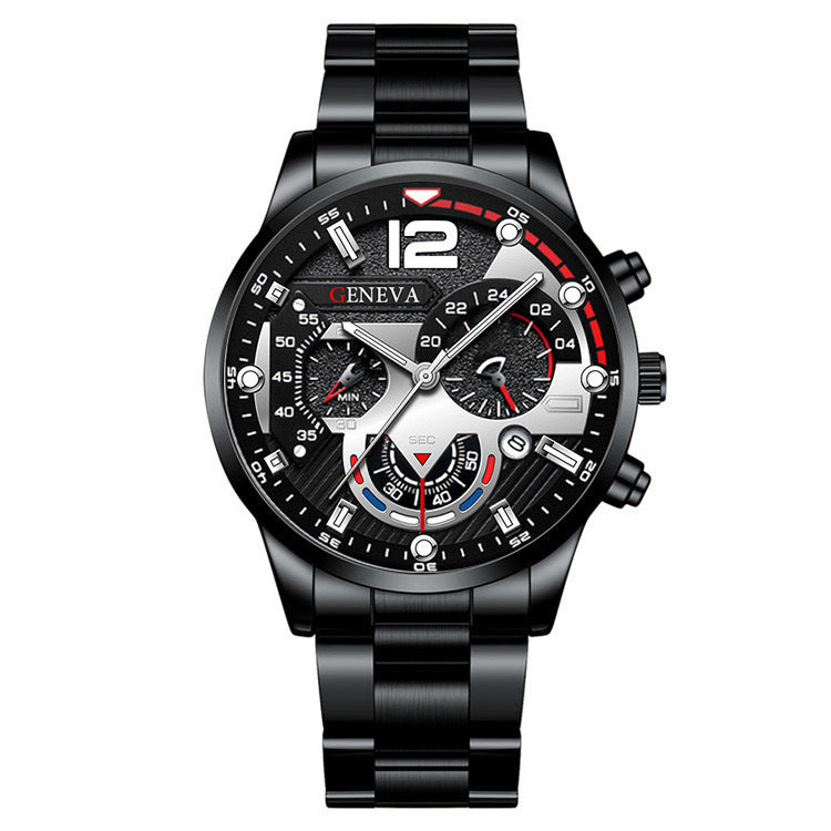Conjunto de 2 pulseras de reloj de cuarzo con tres esferas de acero para hombre, estilo moderno y popular, ideal como regalo de San Valentín.