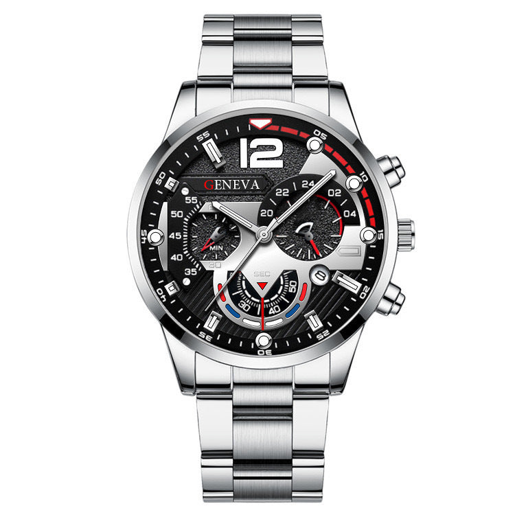 Conjunto de 2 pulseras de reloj de cuarzo con tres esferas de acero para hombre, estilo moderno y popular, ideal como regalo de San Valentín.
